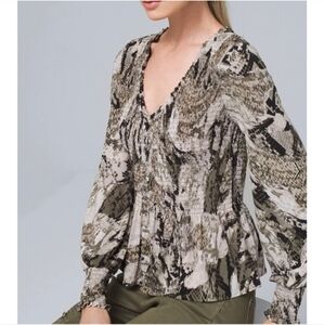 White House Black Market Snakeskin Print Peplum Top Boho V Neck Top XS